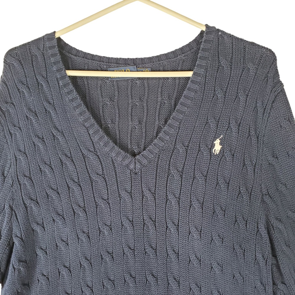 Polo Ralph Lauren Womens Navy Blue Cable Knit V-Neck Cotton Sweater XL
